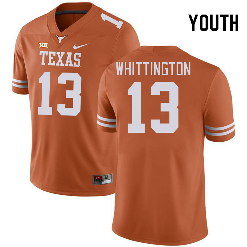 Youth #13 Jordan Whittington Texas Longhorns 2023 College Football Jerseys Stitched-Orange